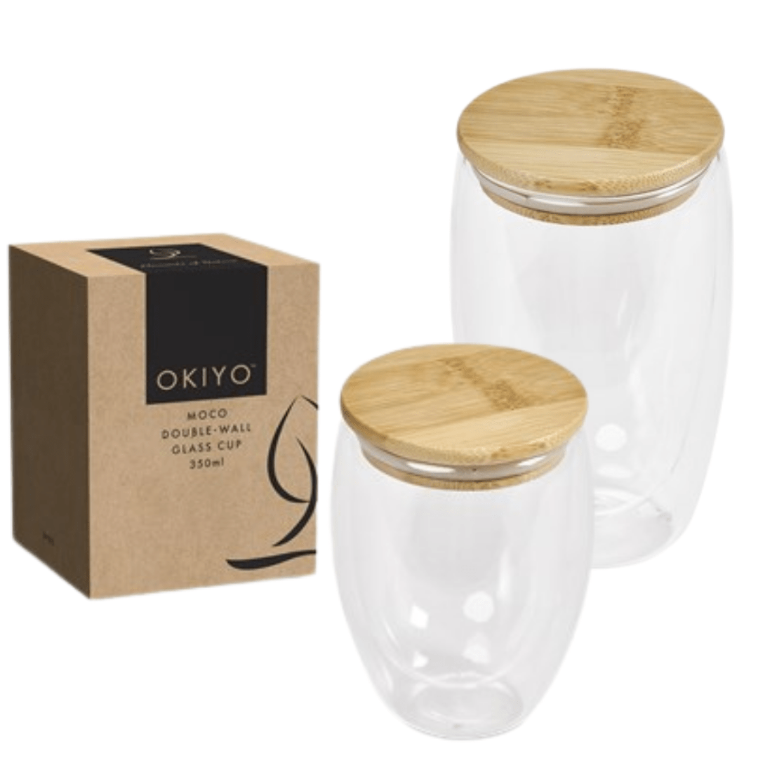Okiyo Moco Double - Wall Glass Cup & Bamboo Lid - Retail Therapy Online