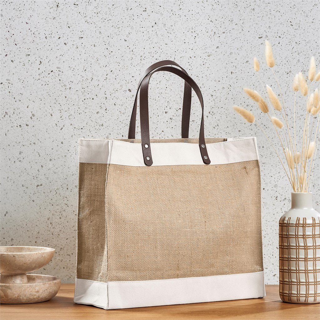 Okiyo Reza Jute & Cotton Tote with Leather Handles - Retail Therapy Online